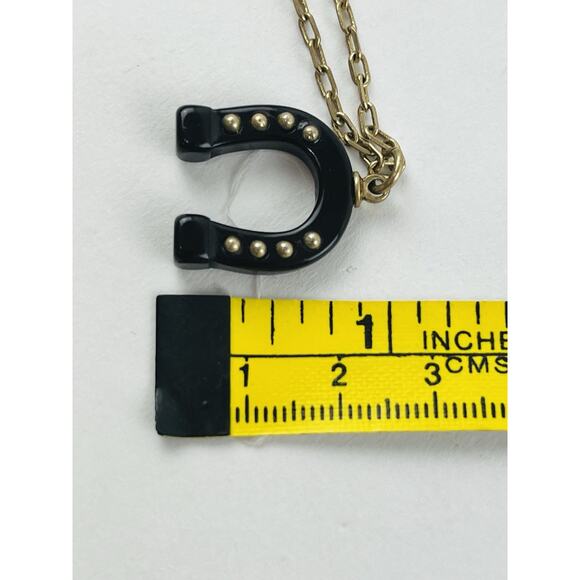 J. Crew Designer Gold Tone Horseshoe Black Pendant Necklace 27” Hoof Brass Tone - Picture 9 of 16
